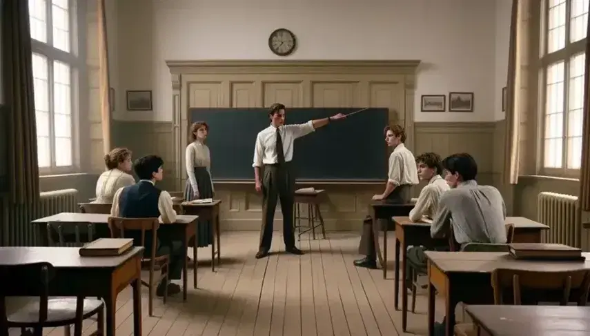 Profesor señalando pizarra vacía y cuatro estudiantes atentos con libros en aula iluminada naturalmente, sin escritos visibles, ambiente académico.