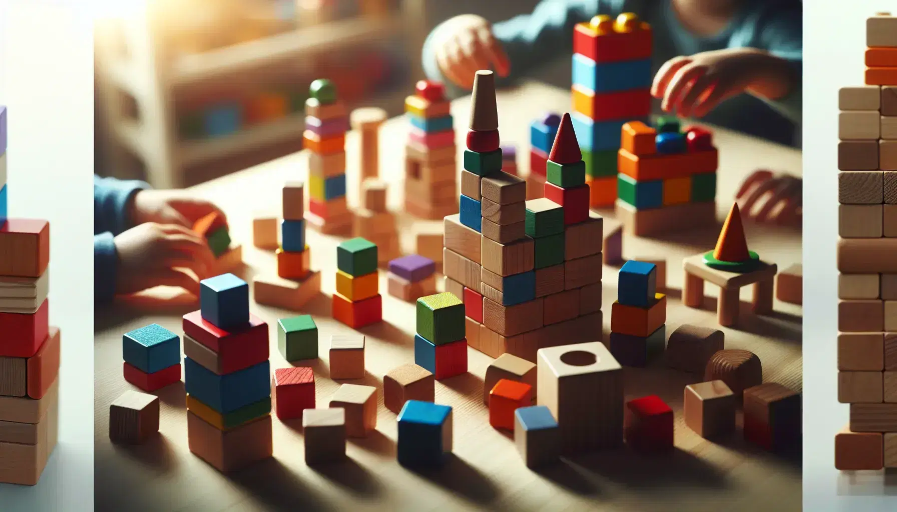 Colorful wooden blocks arranged on a table with children's hands poised to add pieces, showcasing a playful and educational setting.