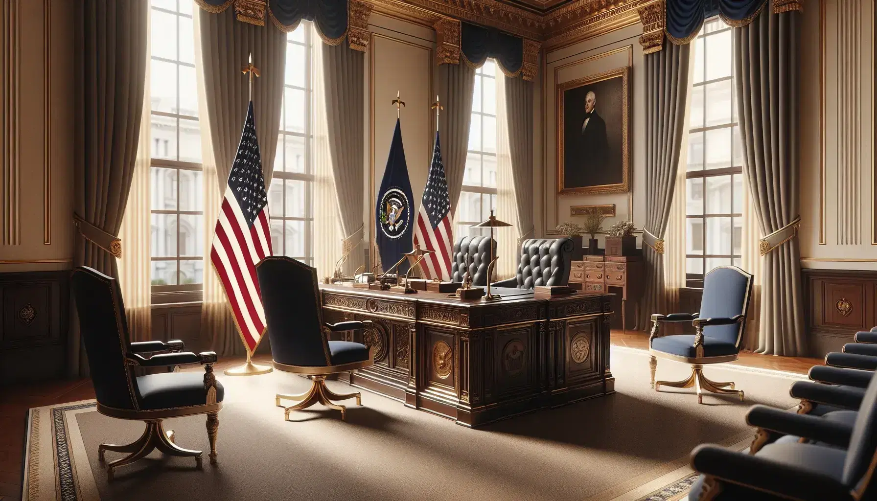 Elegant office with polished desk, high-backed navy chair, two flags, historical paintings, and armchairs for meetings, bathed in natural light.