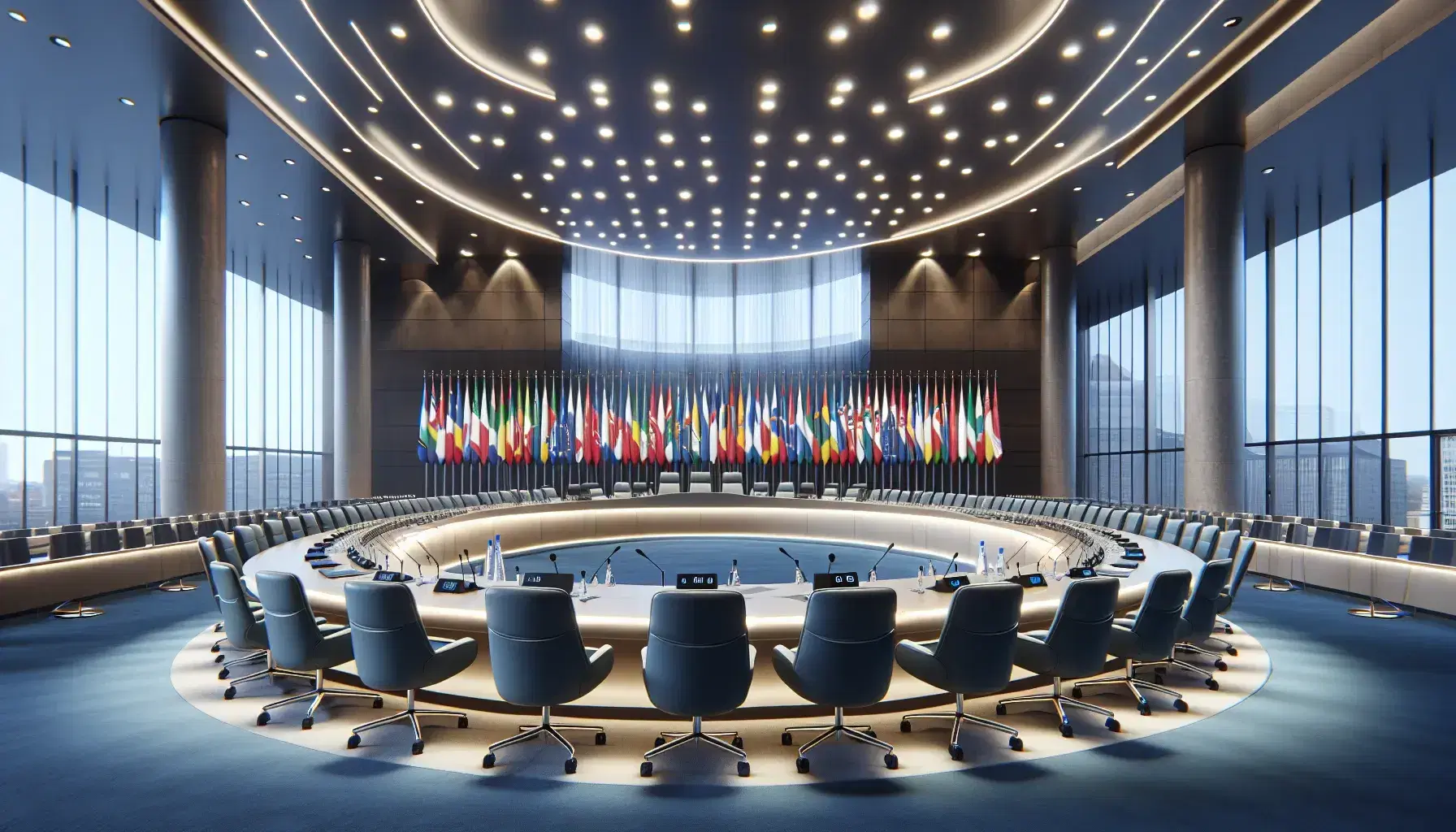 Sala conferenze moderna con bandiere dell'Unione Europea, tavolo ovale, sedie ergonomiche e microfoni, illuminazione a LED.