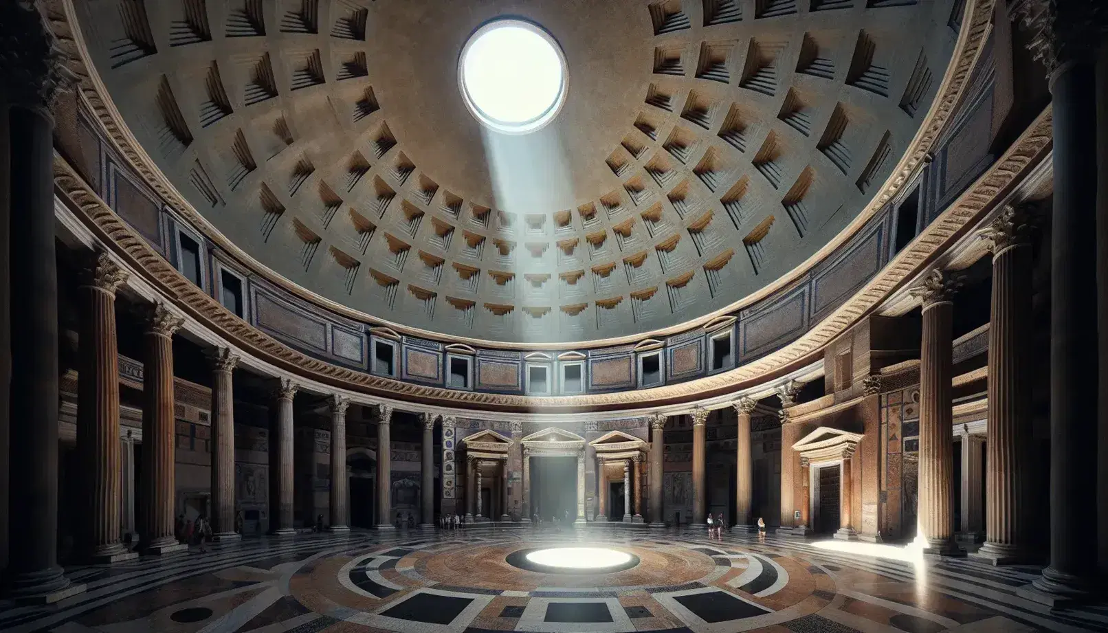 Interior del Panteón de Roma con su oculus permitiendo la entrada de luz natural, destacando las nichos y el patrón geométrico del suelo de mármol.
