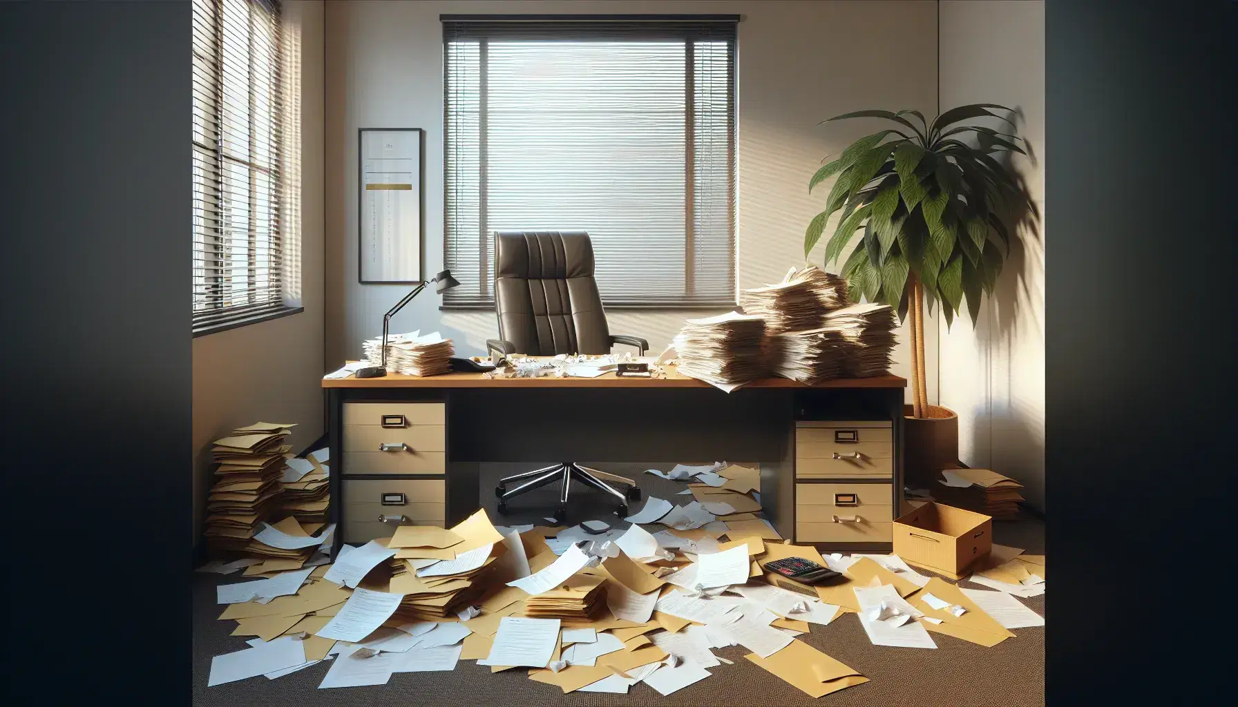 Disorganized office space with cluttered desk, scattered papers, overturned calculator, and toppled plant on a beige carpet, near a window with closed blinds.