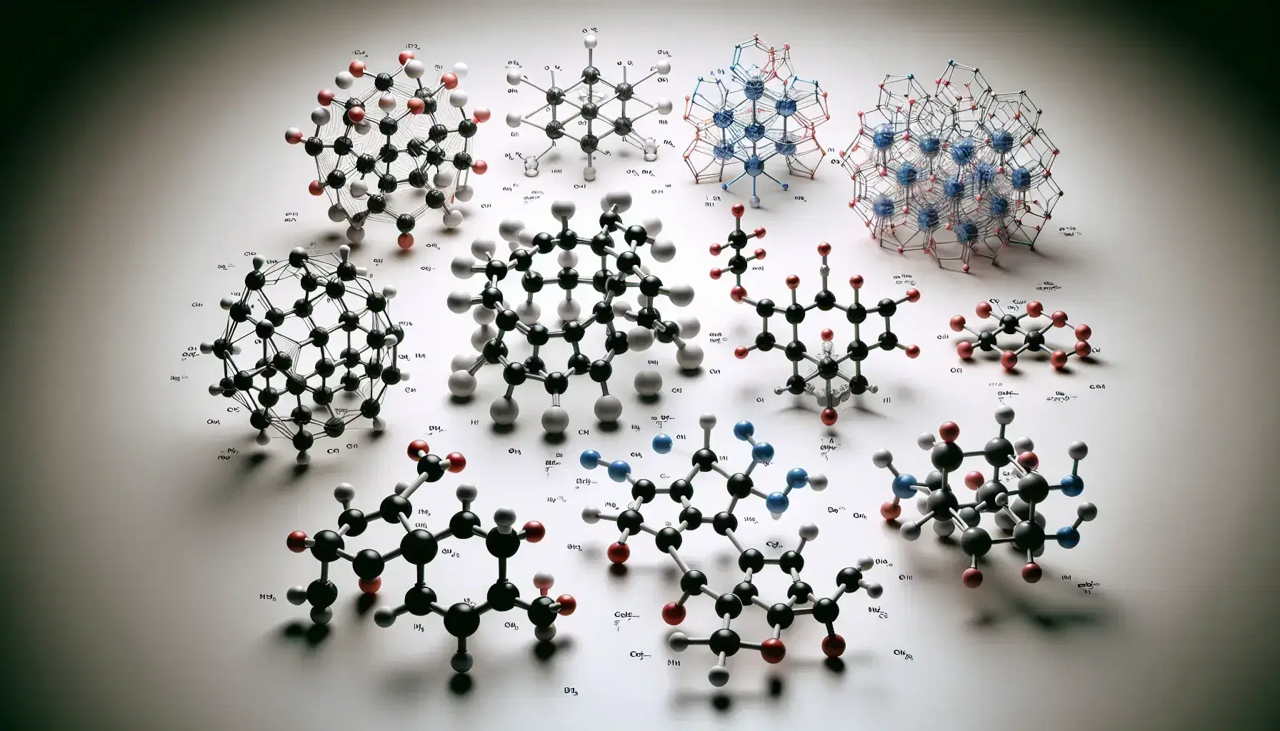 3D molecular models with colored atoms representing carbon, oxygen, hydrogen and nitrogen, including benzene ring and functional groups.