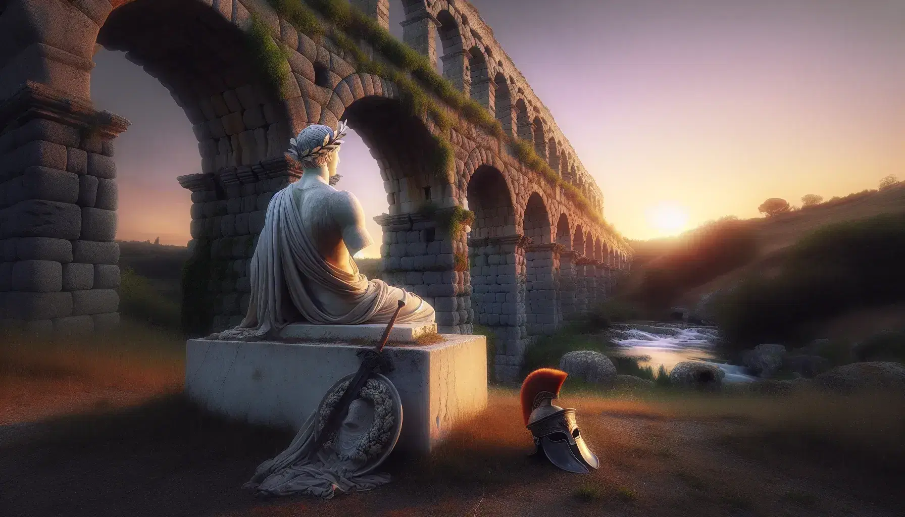 Statua marmorea di imperatore romano al tramonto con corona d'alloro, su piedistallo antico, tra rovine di acquedotto e armatura terrena.