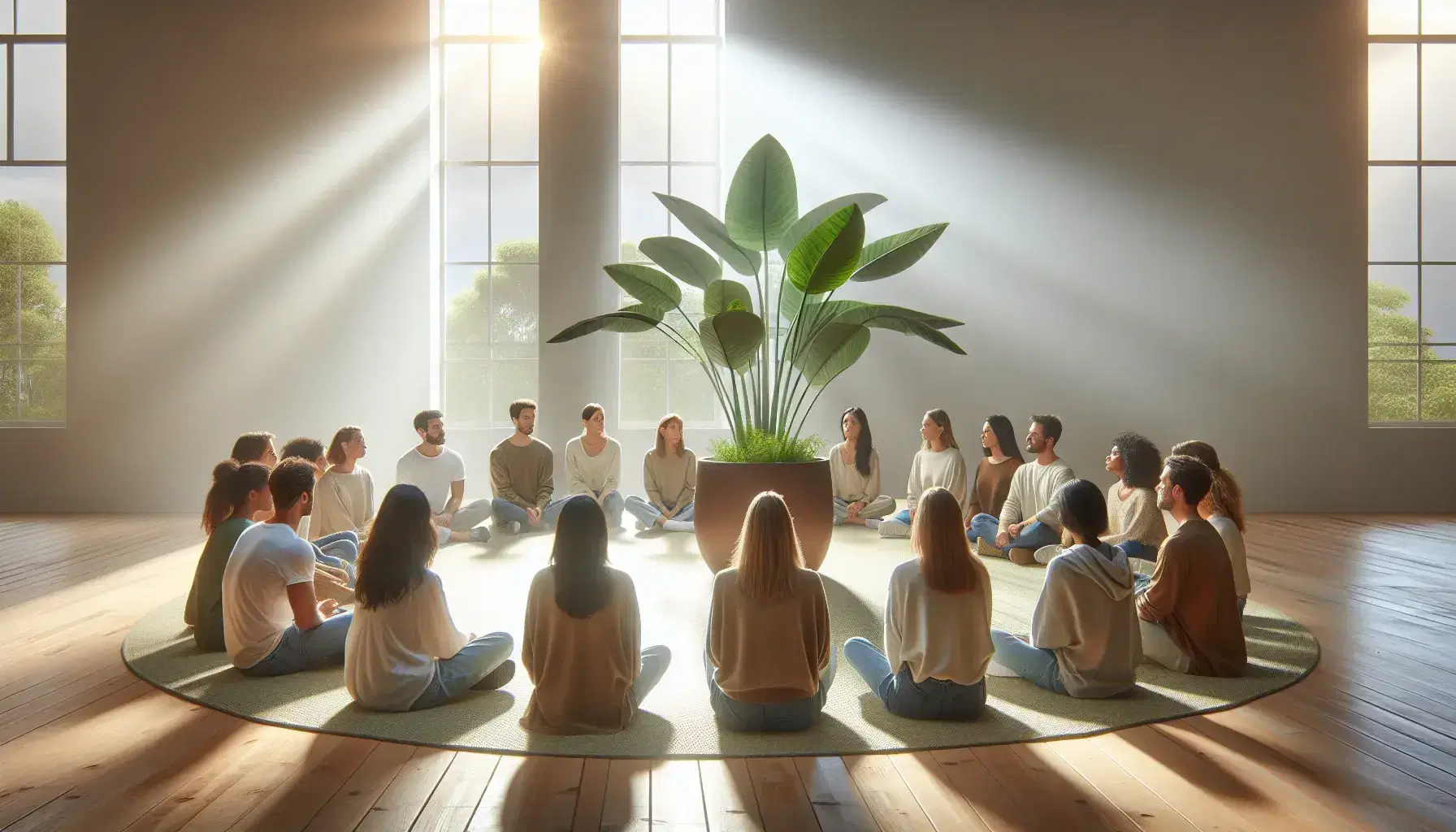 Grupo diverso de personas sentadas en círculo en un ambiente interior iluminado naturalmente, con una planta en el centro, reflejando una atmósfera cálida y acogedora.