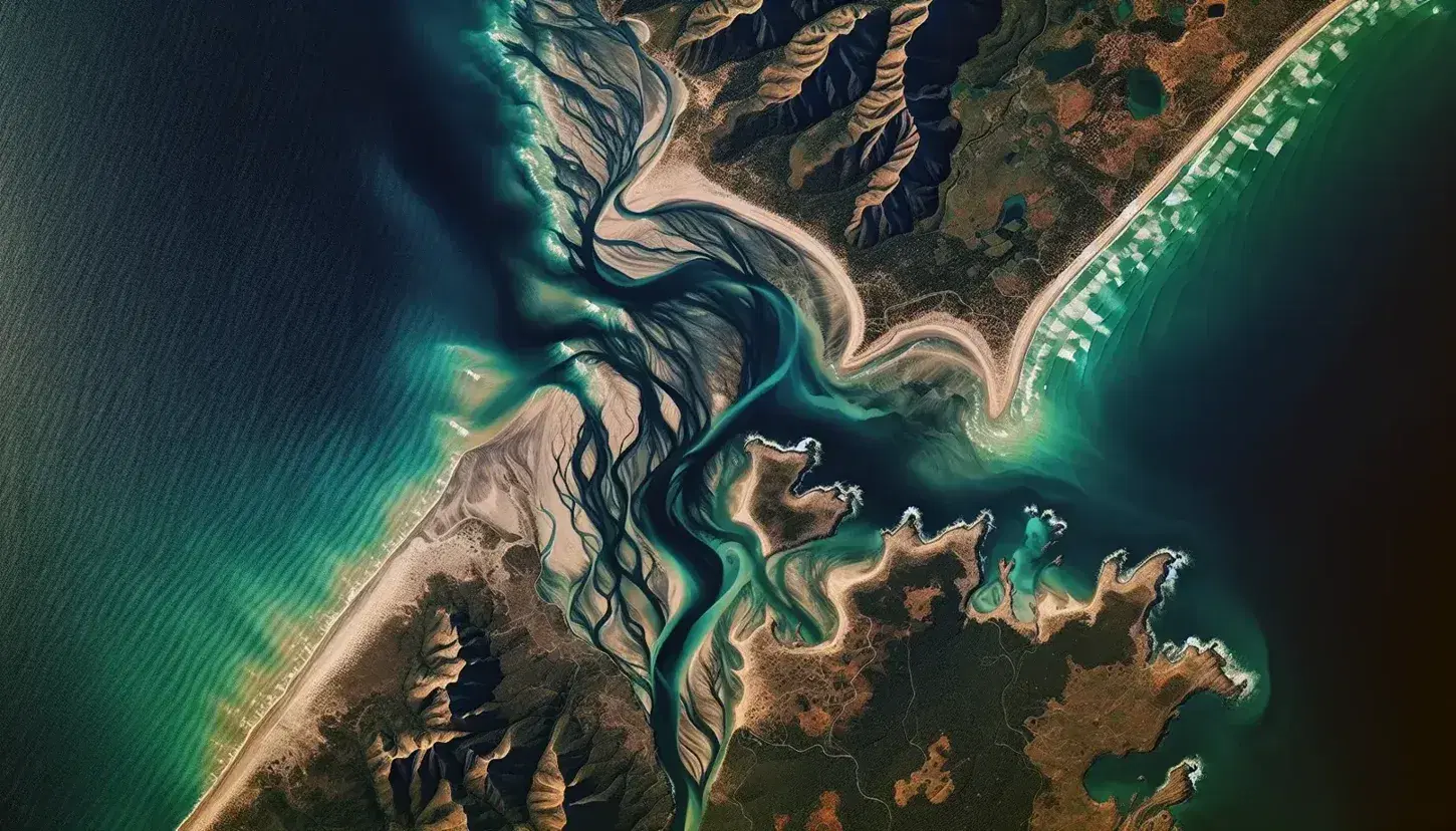 Vista aerea di una costa frastagliata con mare turchese, spiaggia sabbiosa e fiume che sfocia nel mare, senza segni di presenza umana.