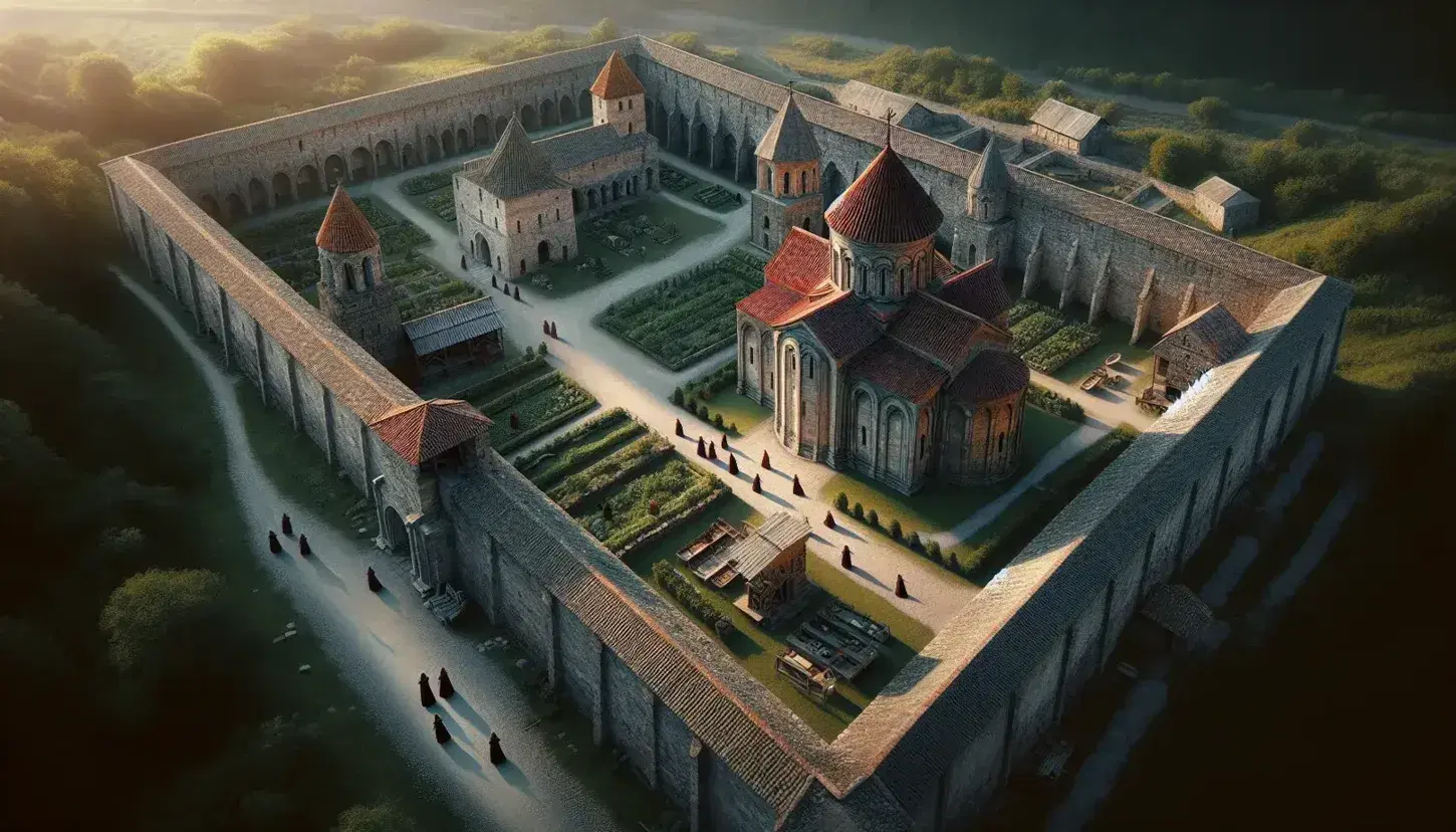 Veduta aerea di un monastero medievale circondato da mura in pietra, con chiesa, campanile e giardini curati, in una luce pomeridiana.