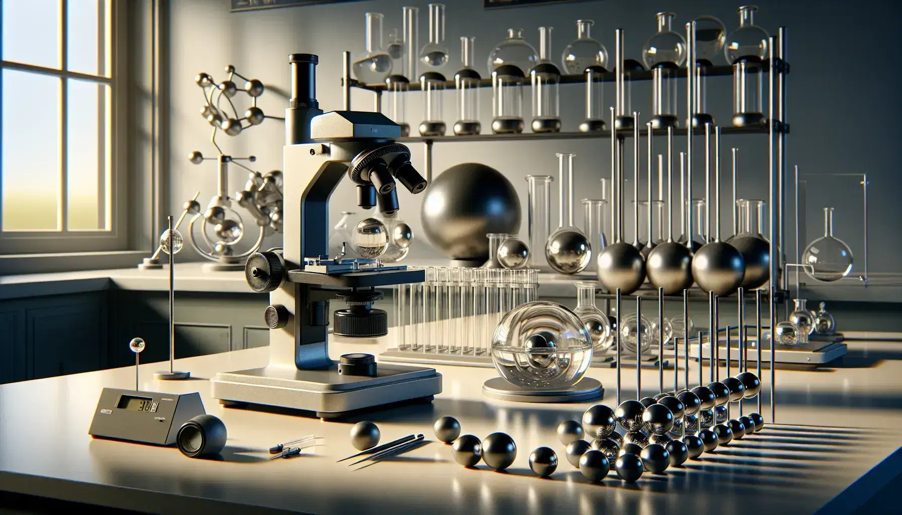 Laboratorio de física con microscopio metálico, esferas en soportes y estante con frascos de vidrio, balanza analítica y tubo de ensayo.