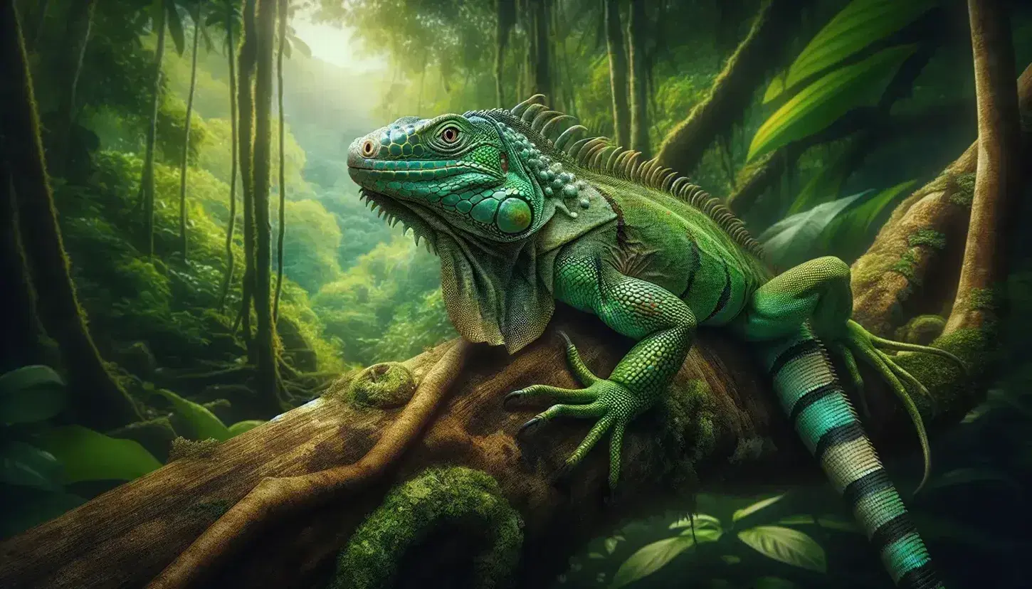 Green iguana perched on a tree branch with detailed scales and a striped tail, red-footed tortoise on the forest floor amid lush tropical foliage.