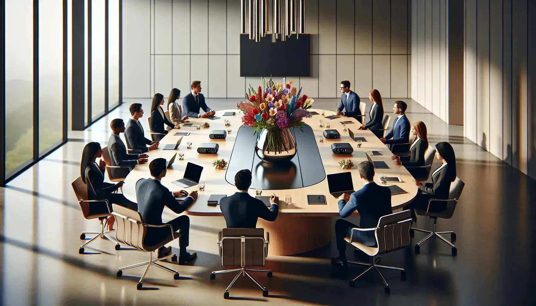 Diverse team of professionals engaged in a meeting around a polished wooden table with laptops, tablets, and a floral centerpiece in a sunlit office.