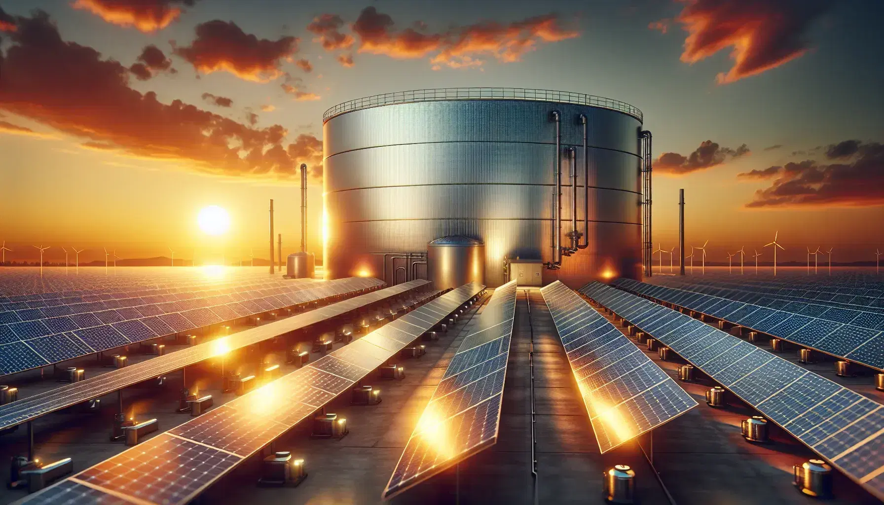 Solar system at sunset with reflective panels in a row and connected cylindrical tank, sky gradient from orange to blue.