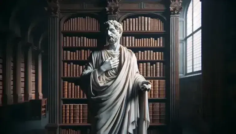 Statua in marmo di Sant'Agostino con cuore in mano e gesto di insegnamento, in biblioteca antica con libri e luce soffusa.