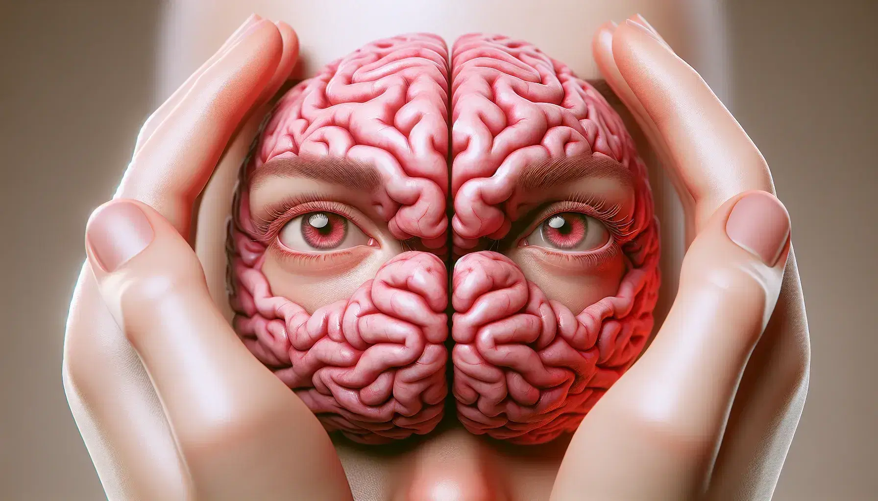 Cerebro humano en tonos rosas y rojos con ojos marrón claro y mano abierta, simbolizando la conexión entre mente, visión y tacto sobre fondo neutro.