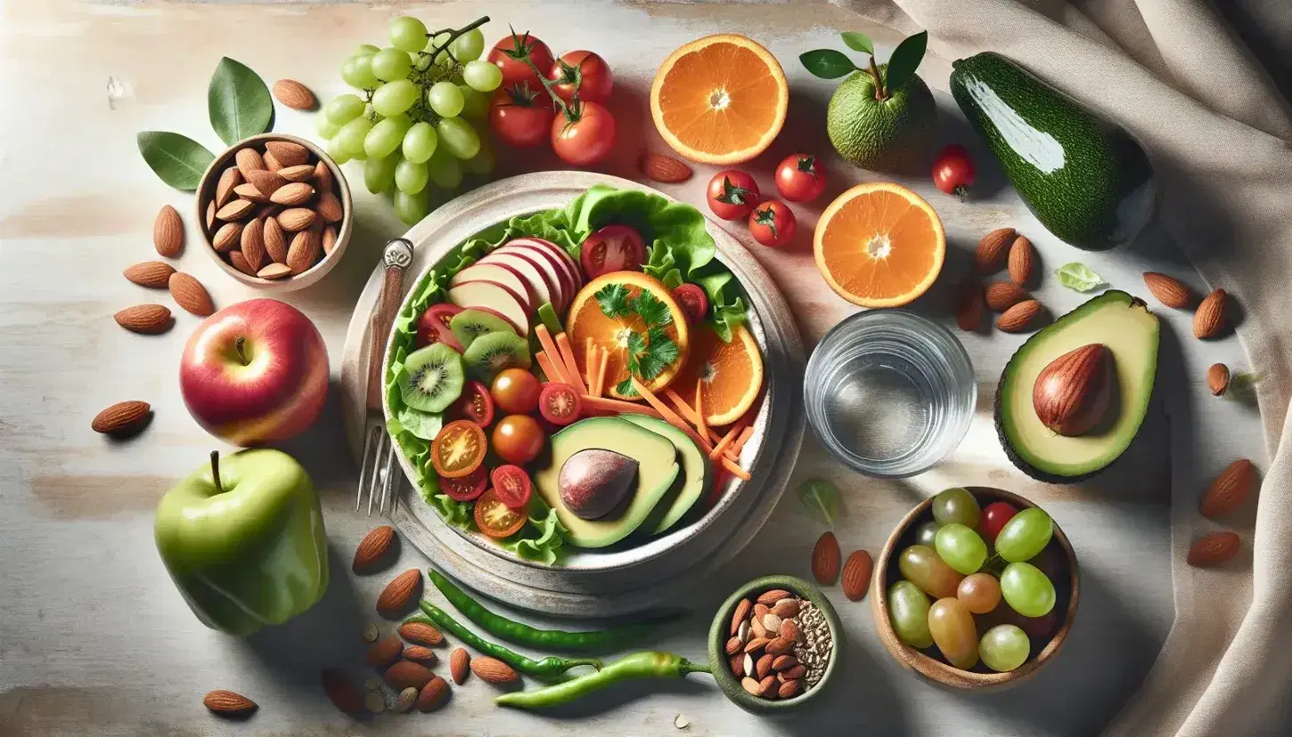 Variedad de alimentos frescos con ensalada colorida en plato, uvas verdes, manzana roja, naranja cortada, aguacate y almendras sobre superficie de madera.