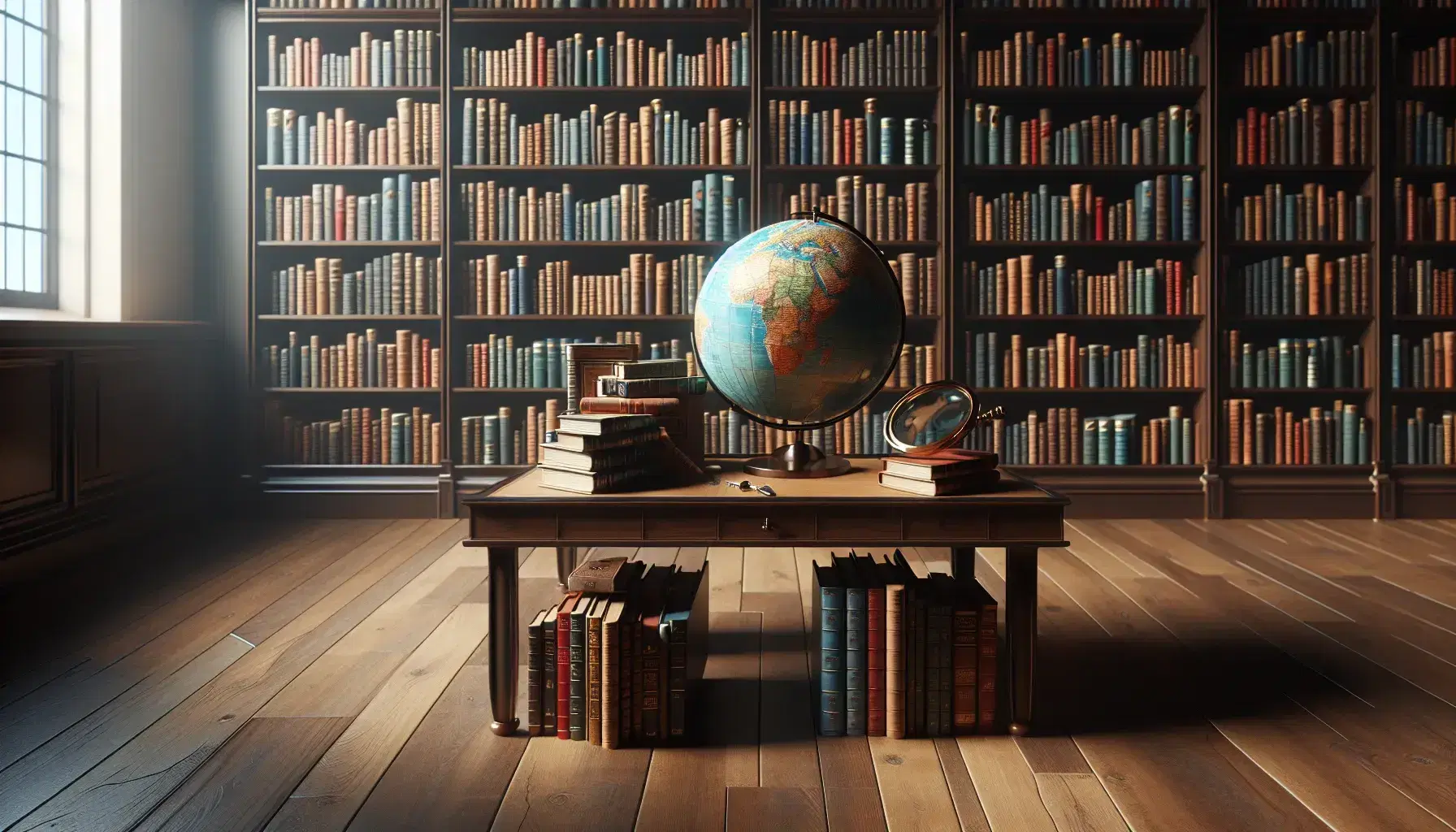 Biblioteca con estantes de madera oscura llenos de libros variados, mesa con globo terráqueo y lupa, ambiente iluminado naturalmente.