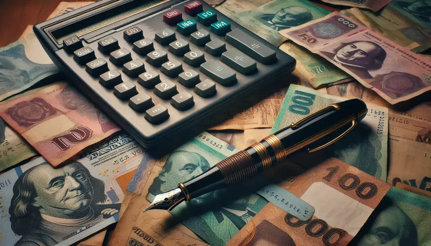 Billetes argentinos de distintas denominaciones ordenados en superposición con pluma fuente negra y dorada y calculadora antigua en fondo de madera.