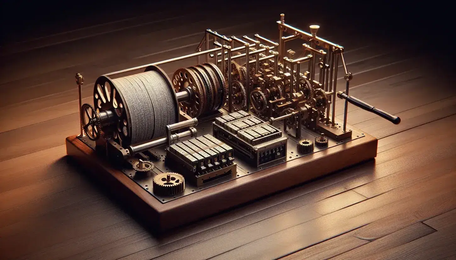 Vintage Turing machine on wooden table, with ribbon divisible into squares, reading/writing head and wooden and brass crank.