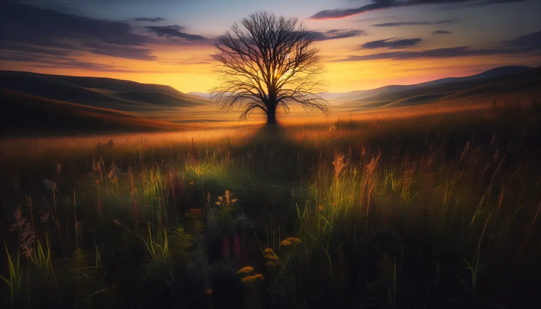 Albero solitario al tramonto con cielo sfumato da arancione a blu e prato verde con fiori selvatici su colline sfumate.