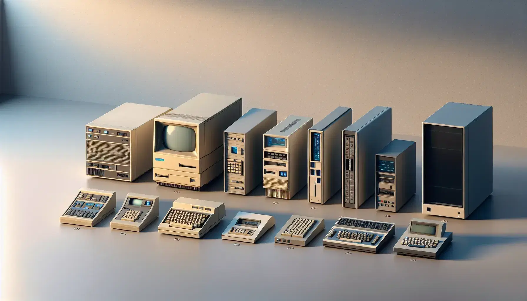 Evolución de computadoras desde la primera hasta la quinta generación, mostrando cambios en diseño y tamaño sobre superficie lisa.