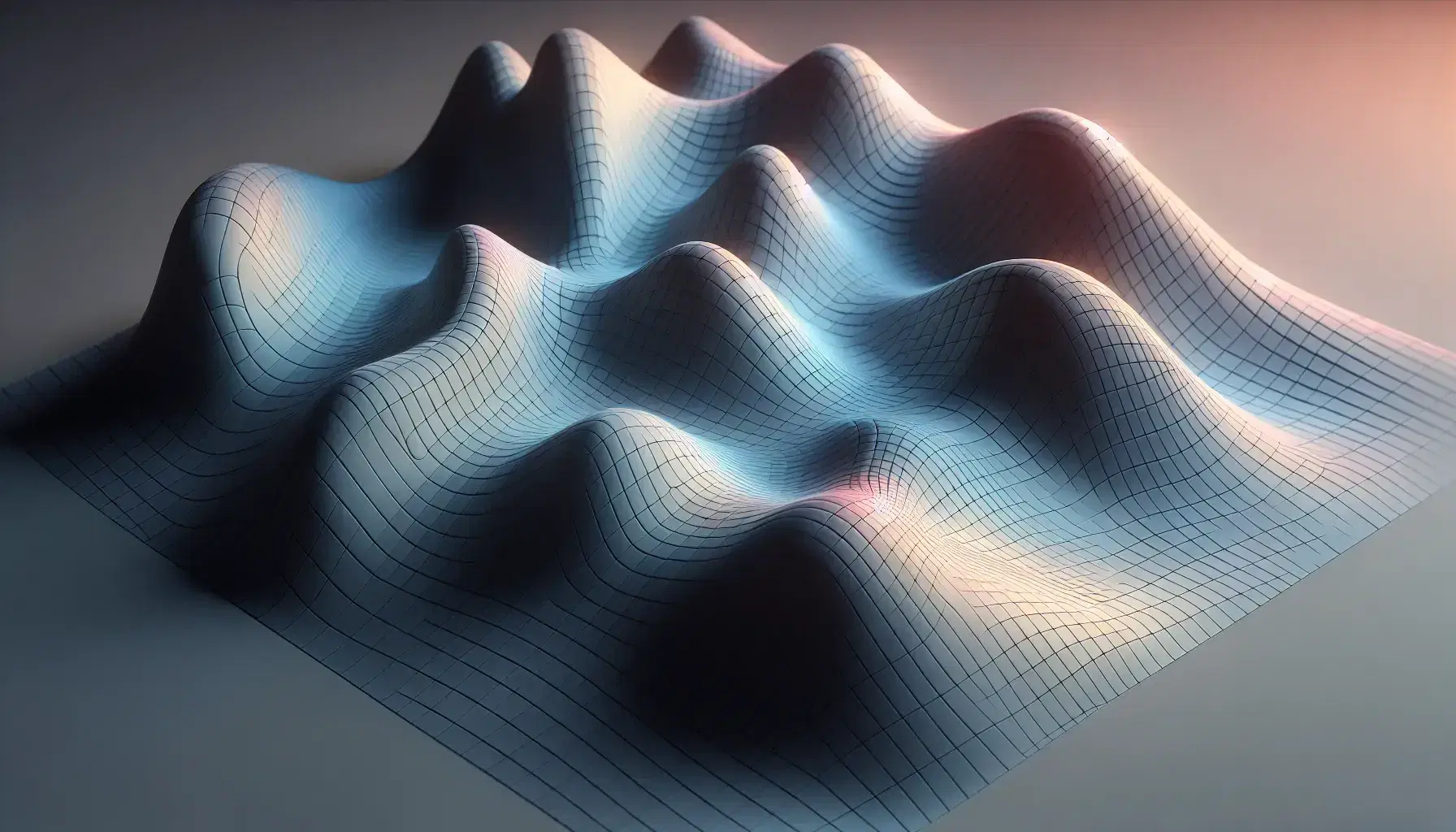 3D mathematical surface visualization with a gradient from blue in low areas to red at peaks, highlighting the smooth, undulating topography.