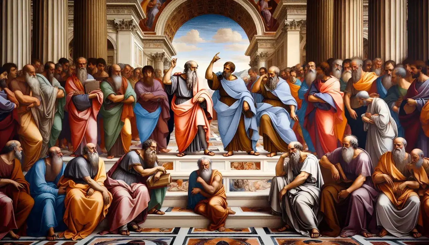 Raffigurazione parziale dell'affresco 'La Scuola di Atene' di Raffaello con Platone e Aristotele circondati da filosofi antichi.