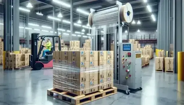 Paleta de madera con cajas de cartón apiladas en almacén logístico, junto a máquina envolvedora de plástico y operario con chaleco reflectante manejando montacargas.