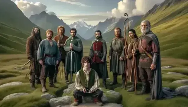 Gruppo di otto persone e un hobbit su prato verde con montagne, armati e pronti all'avventura, il piccolo tiene un oggetto luccicante.