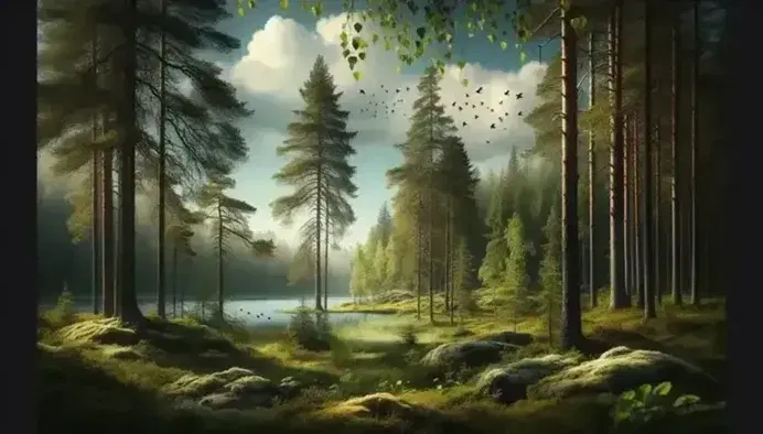 Foresta svedese estiva con conifere, gioco di luci tra le foglie, lago calmo a sinistra e collina verde a destra, rocce muschiose in primo piano.