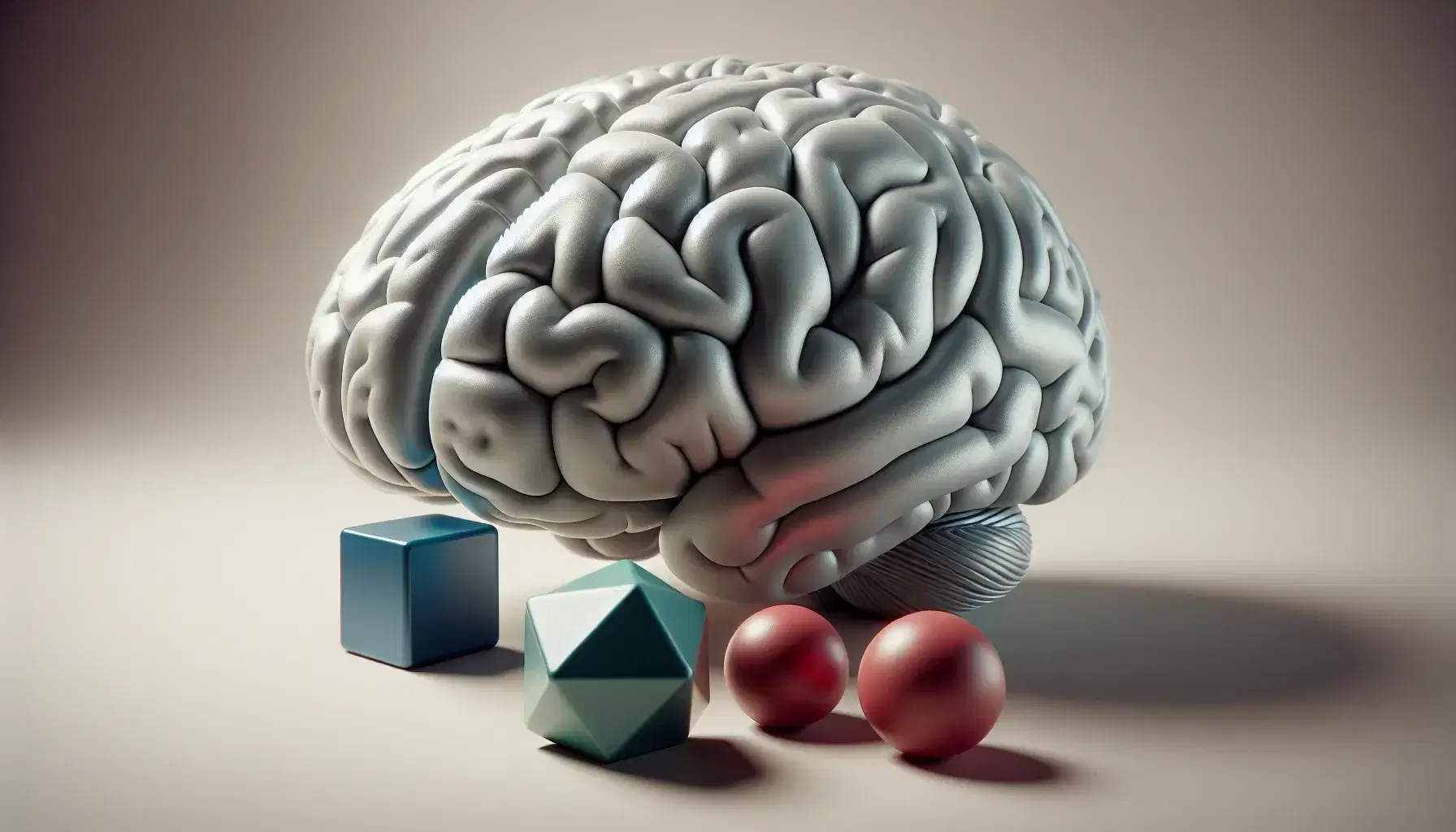 Cerebro humano en primer plano con pliegues detallados sobre fondo neutro junto a figuras geométricas tridimensionales coloridas.