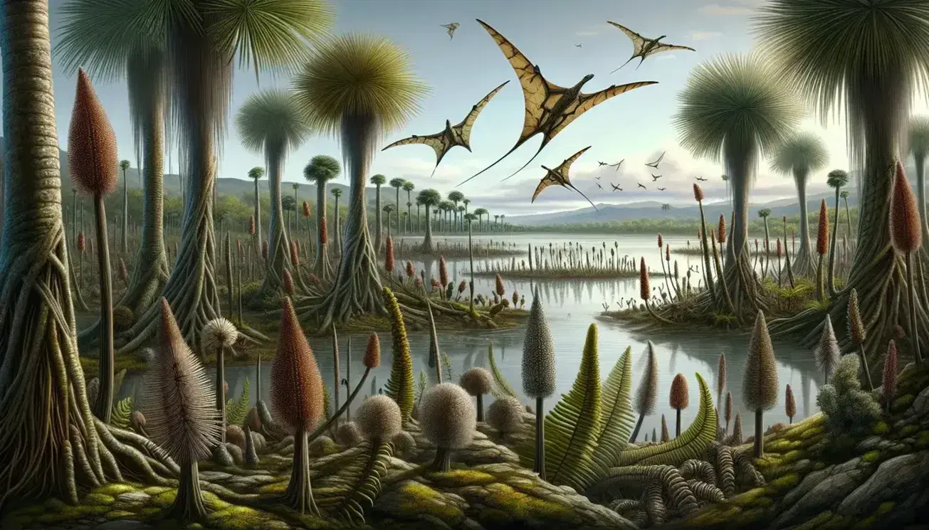 Paisaje prehistórico del período Carbonífero con plantas primitivas, cuerpo de agua reflejante, árboles con frondas densas y criaturas voladoras y anfibias.