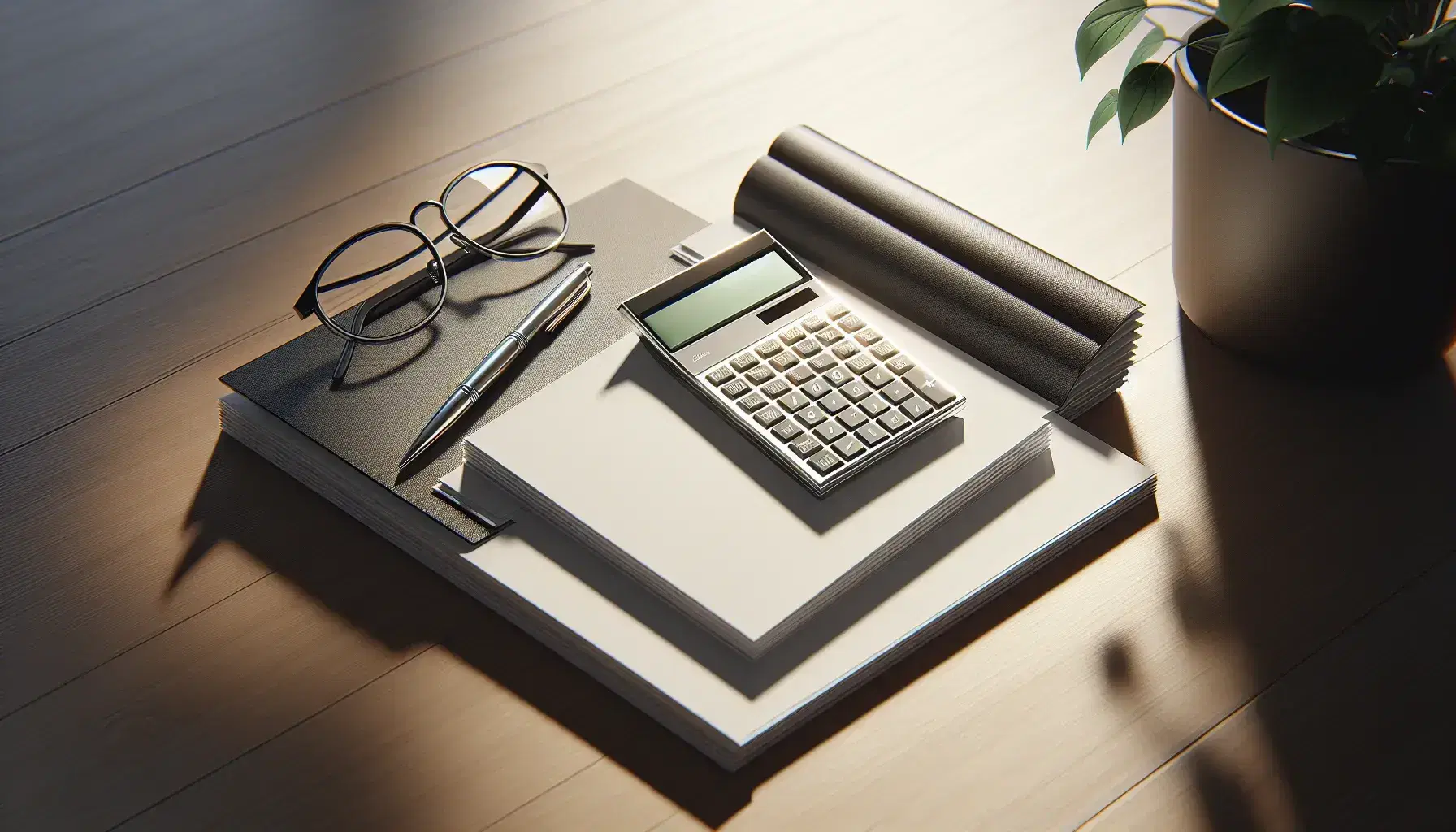 Modern calculator, black-rimmed eyeglasses on white paper, metallic pen on open notebook, and potted plant on a light wood office desk.