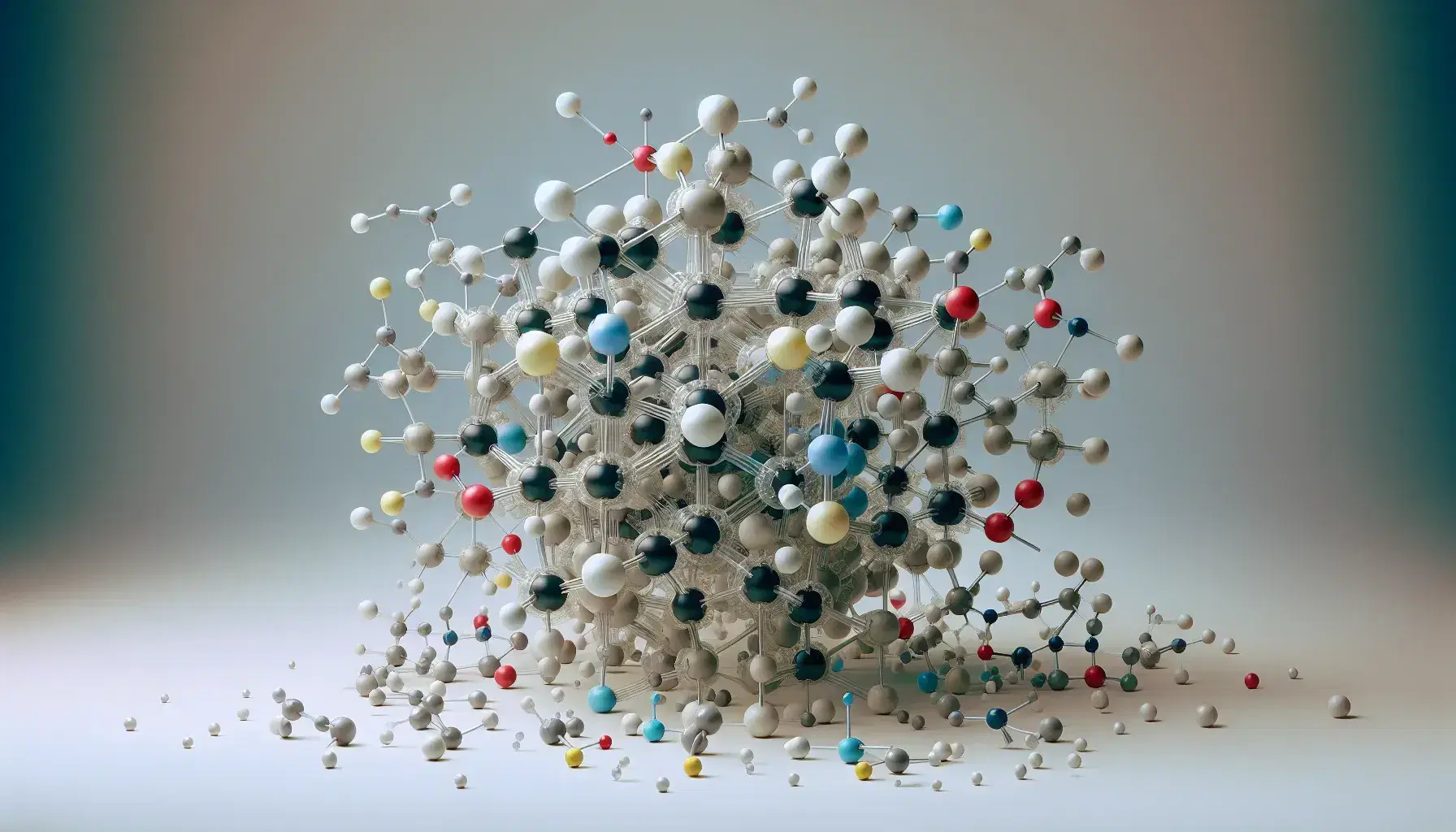 Modelos moleculares tridimensionales con esferas de colores y varillas que representan enlaces químicos, destacando una estructura central grande.