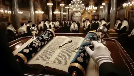 Interno di una sinagoga con Torah aperto su leggio, mano con yad, fedeli sfocati sullo sfondo e menorah a sette bracci.