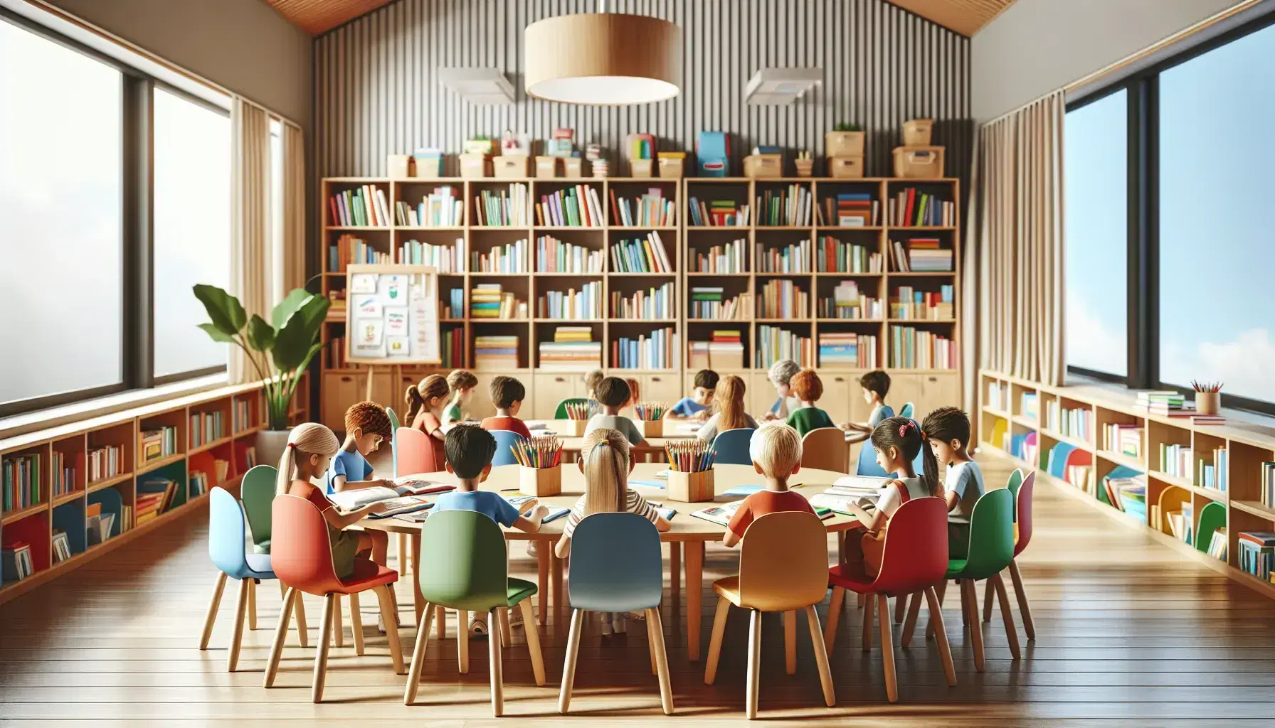 Aula escolar colorida con niños enfocados en libros, sillas de plástico multicolores alrededor de una mesa de madera, estantería con libros y planta en una esquina, iluminada por luz natural.