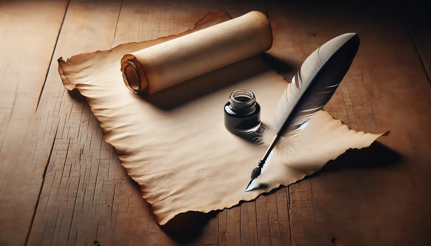 Quill pen on blank parchment scroll with glass inkwell on rustic wooden table, ready for writing, in a vintage-inspired setting.