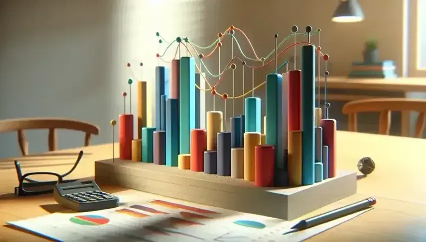 Gráficos de barras tridimensionales y líneas en colores variados sobre papel simulado, con objetos de oficina desenfocados al fondo en ambiente de trabajo tranquilo.