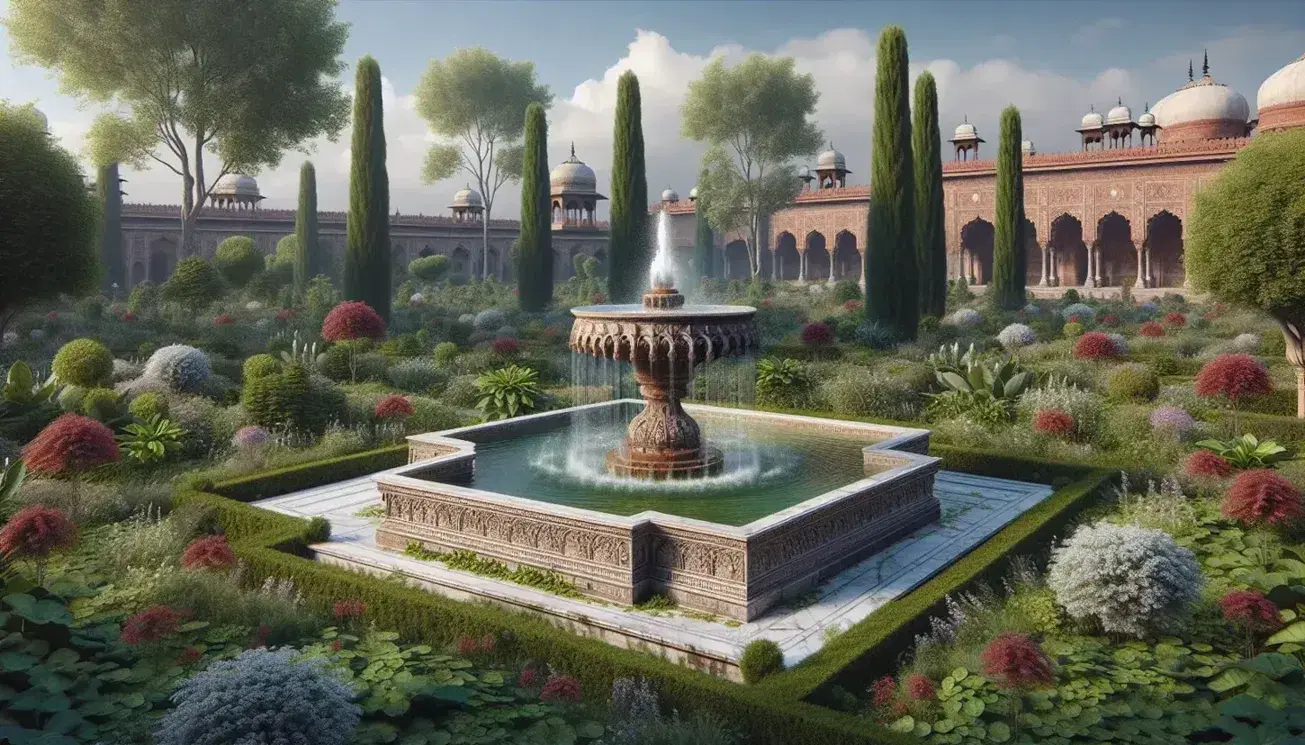 Serene Mughal garden with ornate marble fountain, lush greenery, and red sandstone palace backdrop under a clear blue sky.