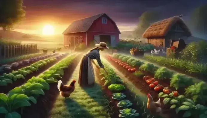 Organic farm at sunrise with a female farmer tending to a vibrant garden, red barn, and chickens, under a sky transitioning from purple to orange.