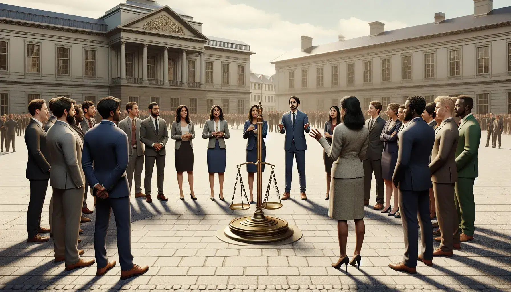 Diverse professionals in a discussion outdoors with a South-Asian woman gesturing, a brass balance scale in the foreground, and European buildings behind.