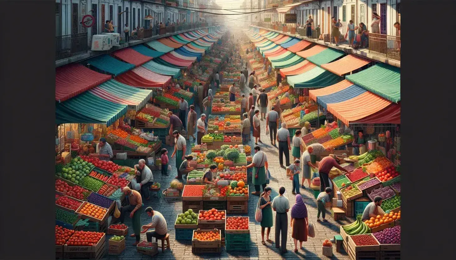 Mercado al aire libre concurrido con puestos de frutas y verduras frescas bajo toldos coloridos, gente comprando y vendedores atendiendo en un día soleado.