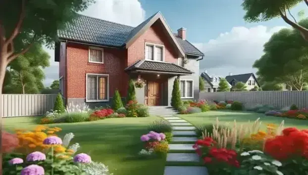 Casa de ladrillos rojos de dos pisos con tejado gris, rodeada de jardín cuidado, camino de piedras y cerca blanca, en día soleado.