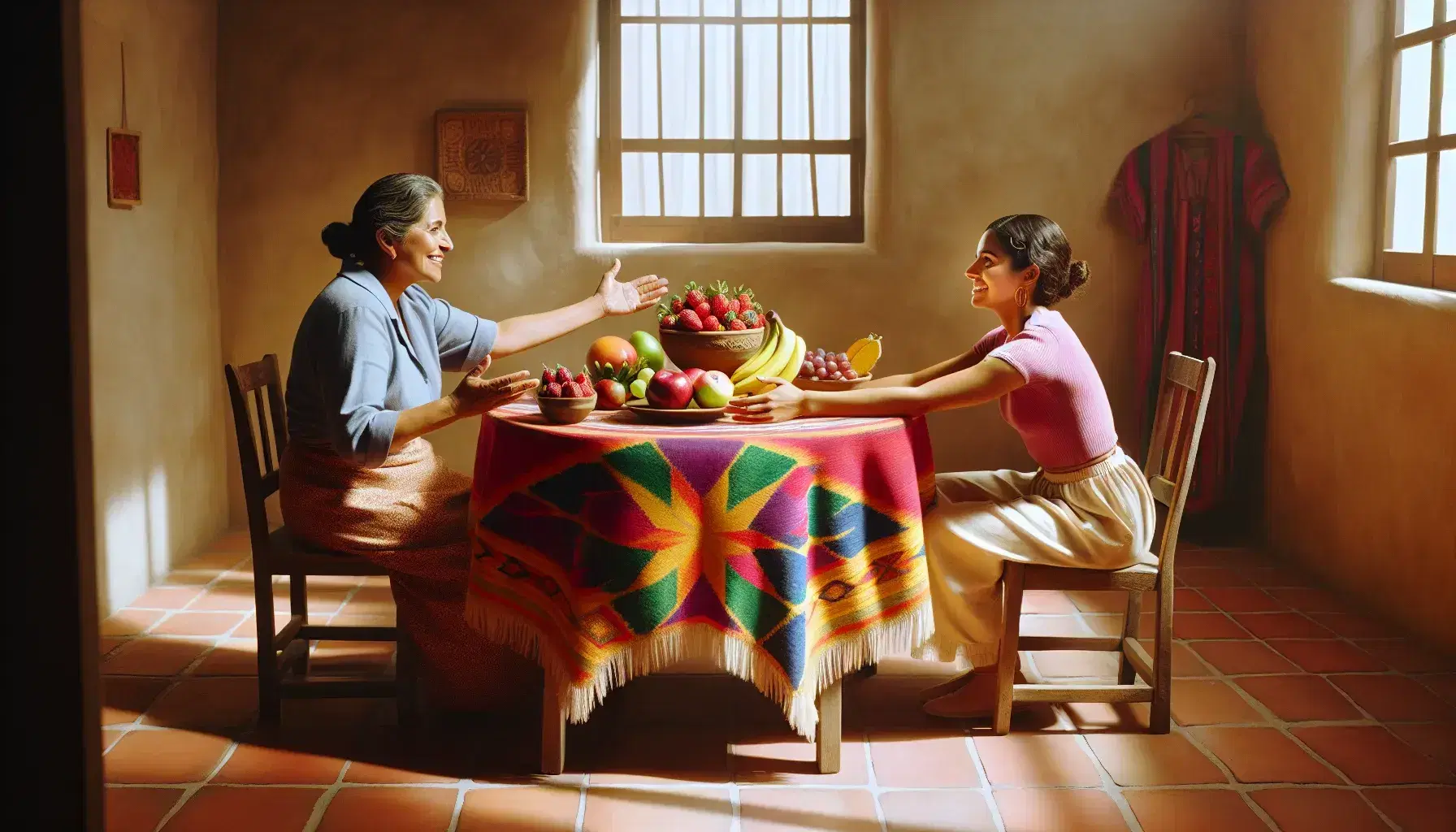 Cozy sunlit room with terracotta tiles, a wooden table with a colorful tablecloth and fresh fruit, two smiling women enjoying a moment, and a mirror reflecting the sky.