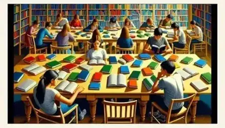 Studenti concentrati nella lettura in una biblioteca con tavolo di legno chiaro, sedie scure, scaffali pieni di libri e luce soffusa.