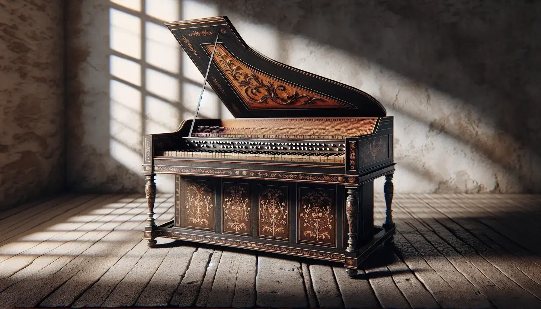 Clavicembalo barocco in legno scuro con intarsi chiari e motivi floreali, tastiera bianca e nera, corde interne visibili, su sfondo di muro grigio.