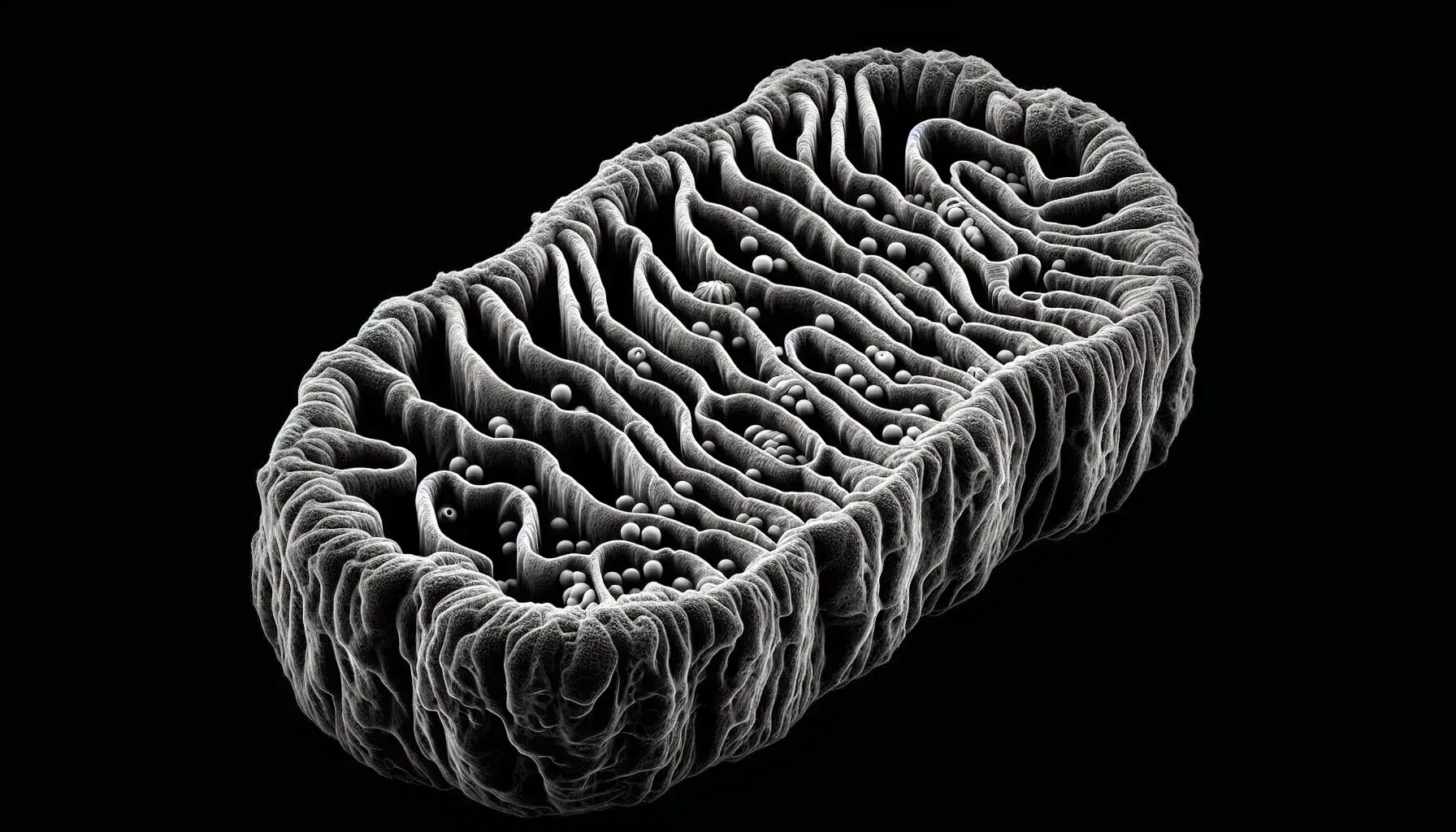 Vista microscópica en blanco y negro de una mitocondria con membrana doble y crestas internas, mostrando la complejidad de su estructura y los componentes de la cadena de transporte de electrones.