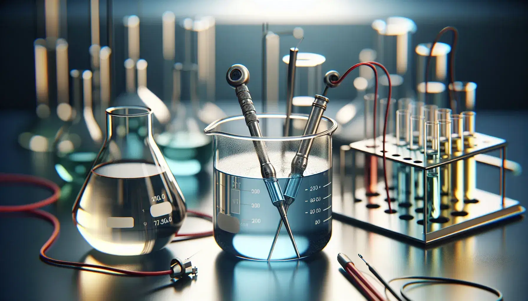 Close-up of a laboratory bench with beaker containing blue electrolyte solution and two electrodes, safety glasses and rubber gloves.