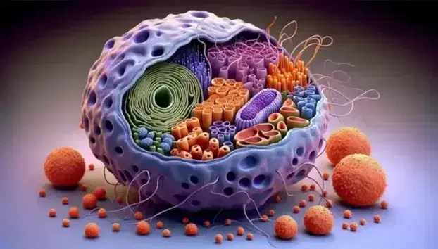 Detailed cell model with purple nucleus, orange mitochondria, blue endoplasmic reticulum, double helix DNA and green protein on gradient background.