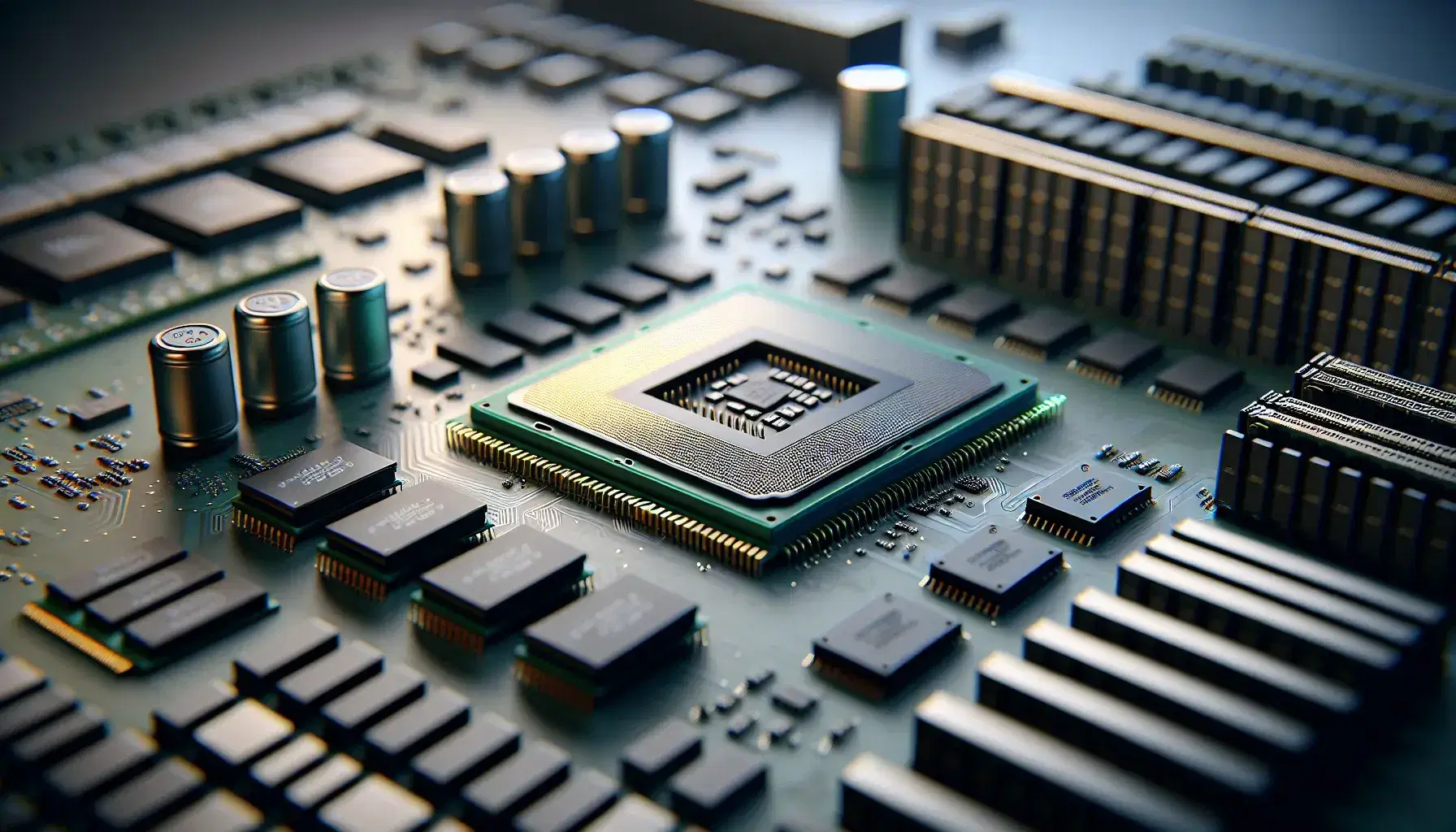 Microprocessore con superficie riflettente e pin dorati al centro, affiancato da moduli RAM su circuito verde e scheda madre sfocata sullo sfondo.