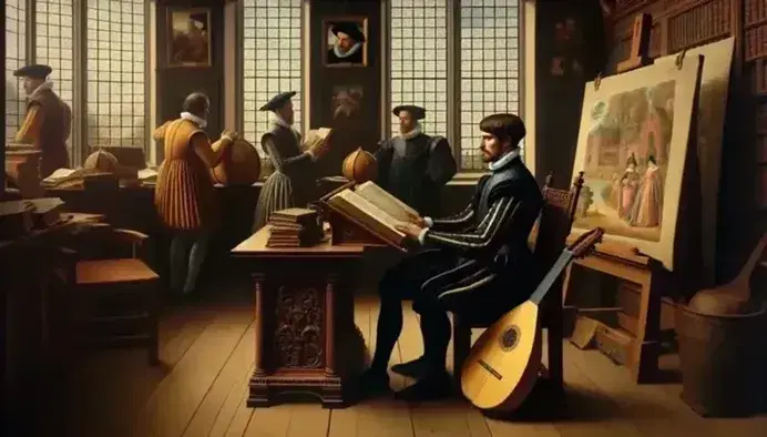 Renaissance scene with a man studying a book at a wooden desk, a lute beside him, two others conversing, and a landscape painting on an easel.