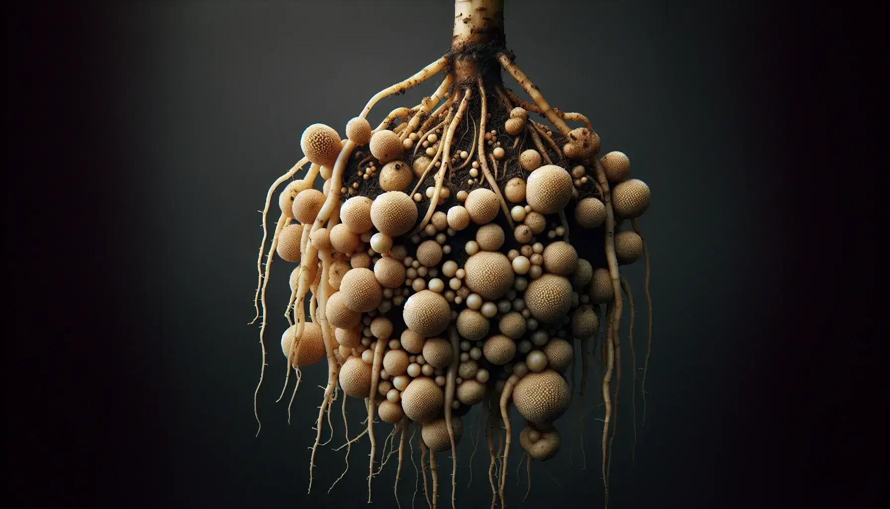 Close-up view of a plant's root system with multiple brown galls caused by root knot nematodes against a matte black background.